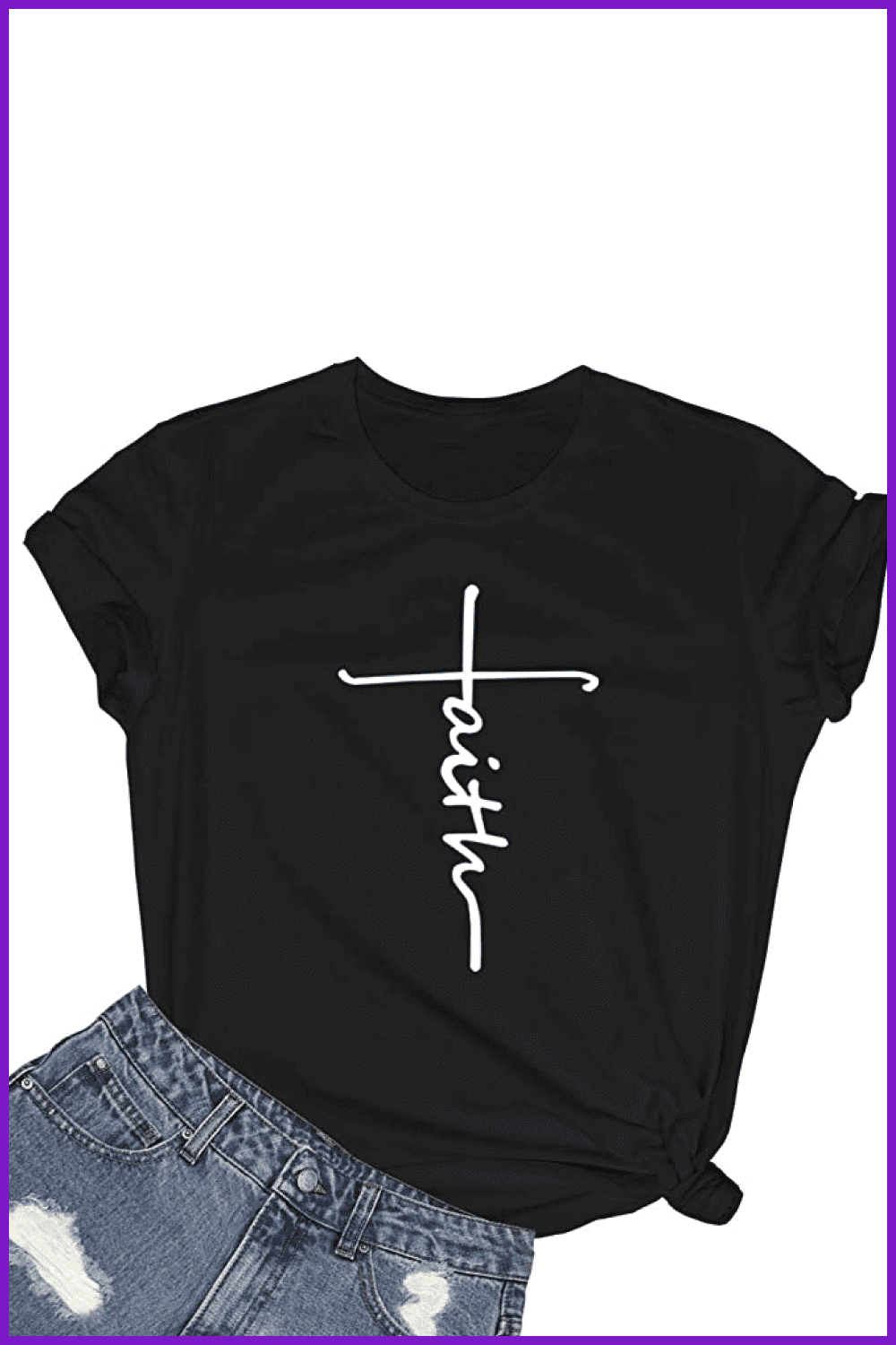 Black T-shirt with a white cross from the word Faith.