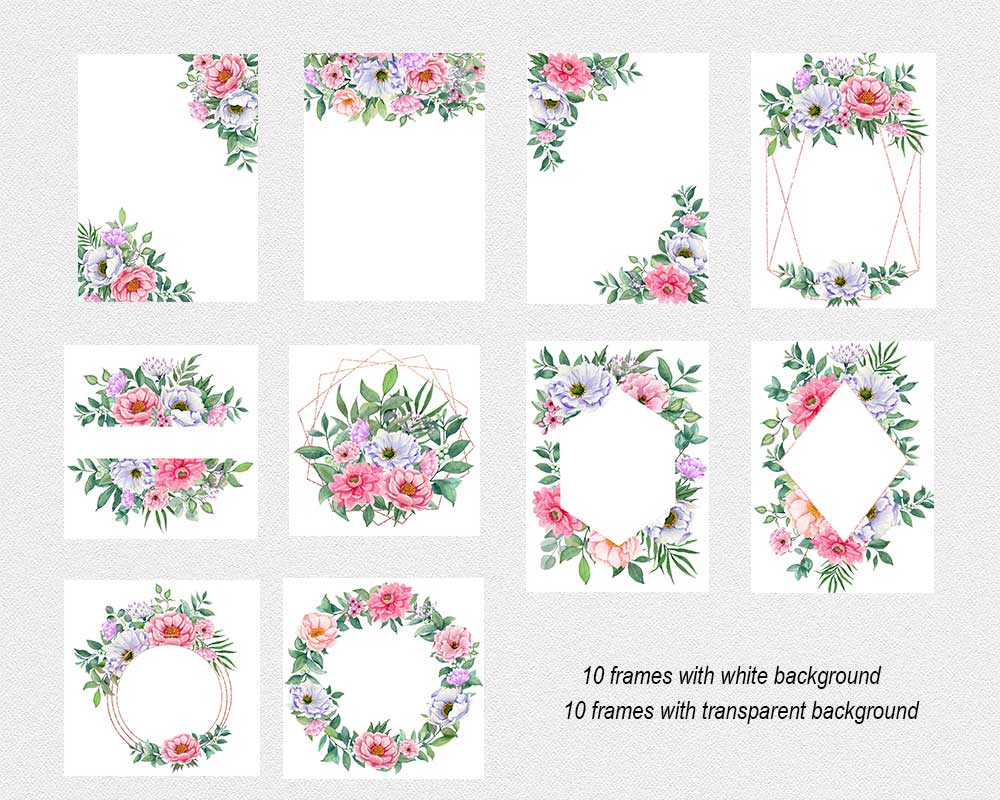 Watercolor Set of Floral Bouquets, Frames, Wreaths, frames designs.