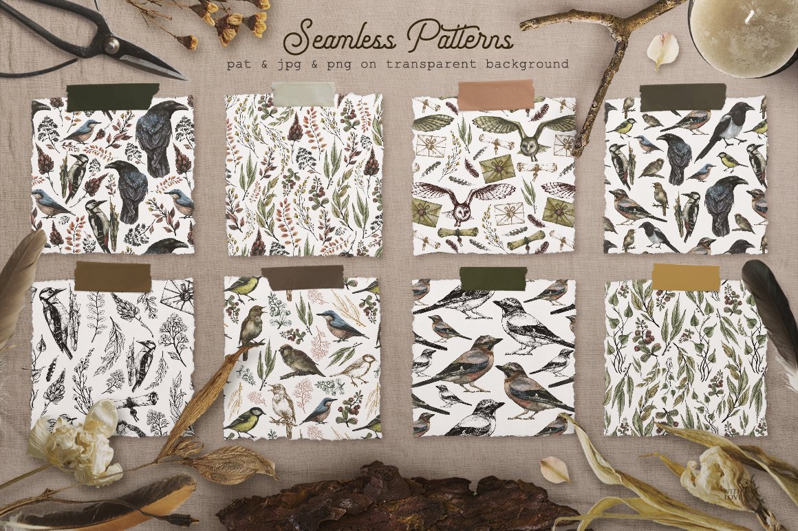 Pastel pattens with birds and some leaves.