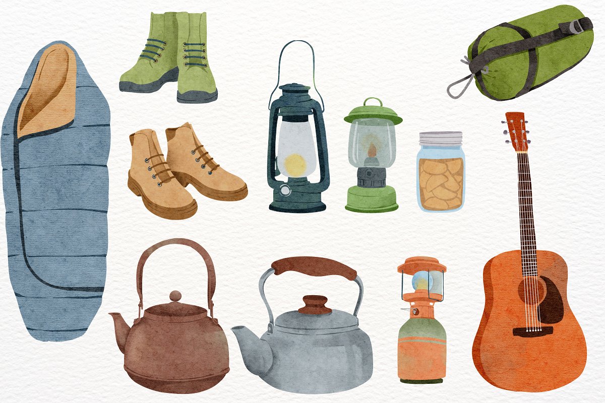 Watercolor camping items.
