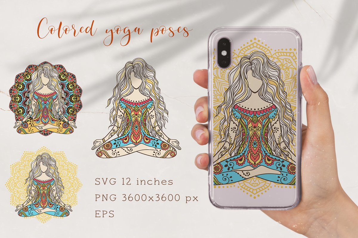 Colored yoga poses on the phone case.