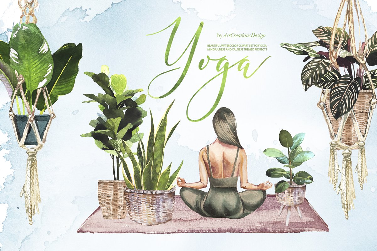 Cover image of Watercolor Yoga Clipart Set.