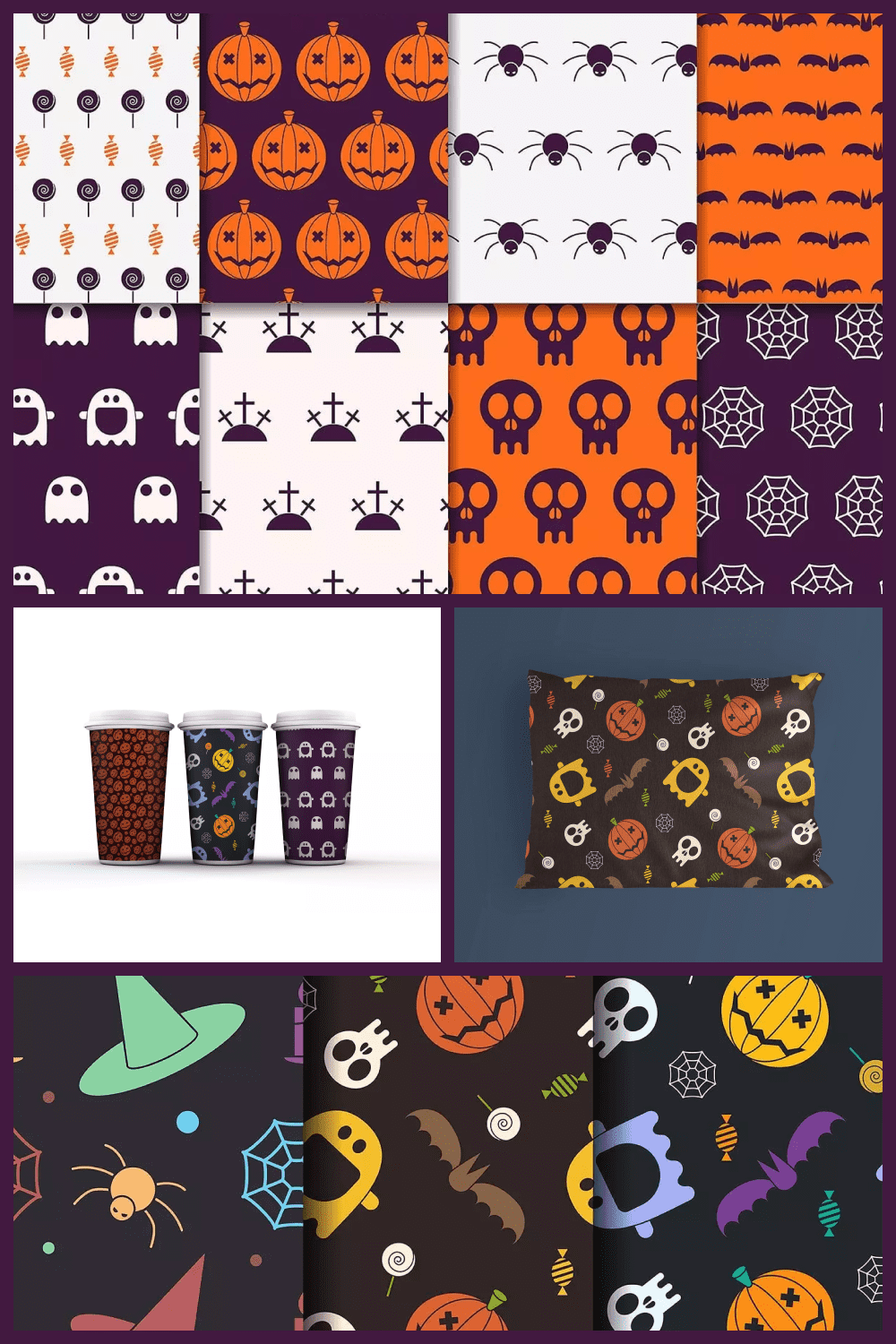 Collage of drawn bats, witches, cauldrons and ghosts on white, orange, purple and black backgrounds.