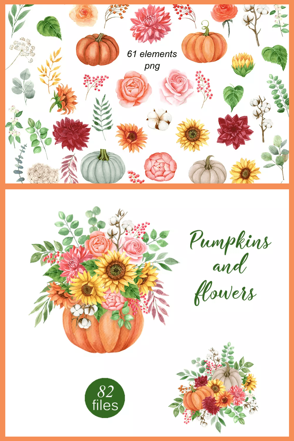 Collage with flowers and twigs in a pumpkin and a bouquet.