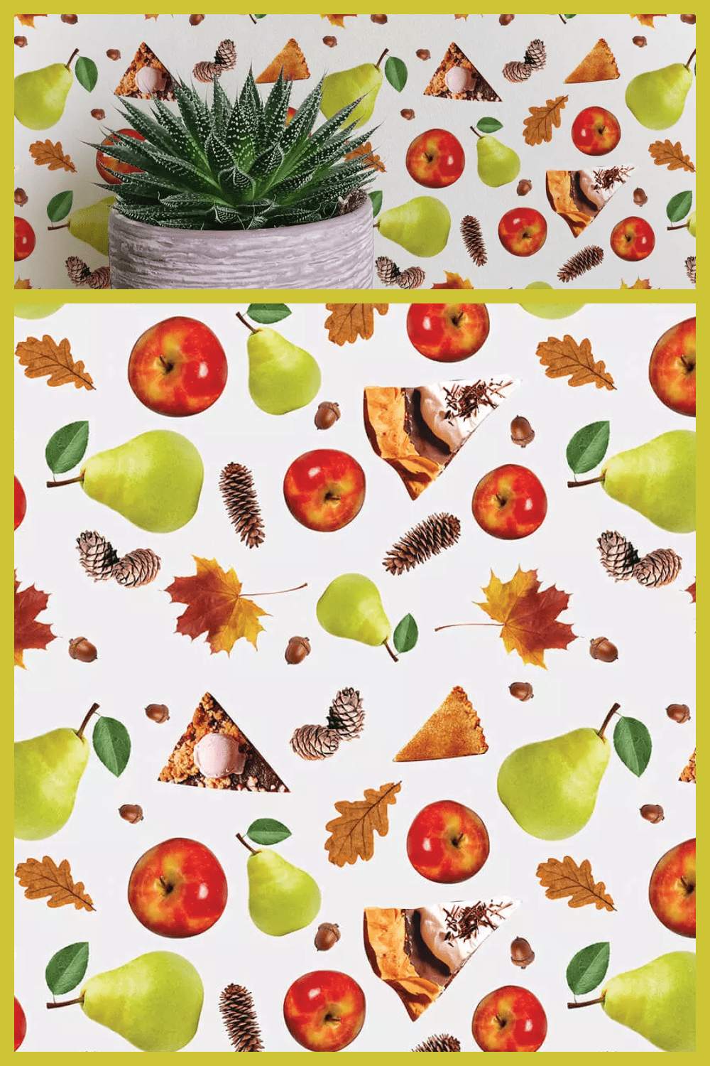 Apples, pears, cones, leaves, pieces of pie on a white background.