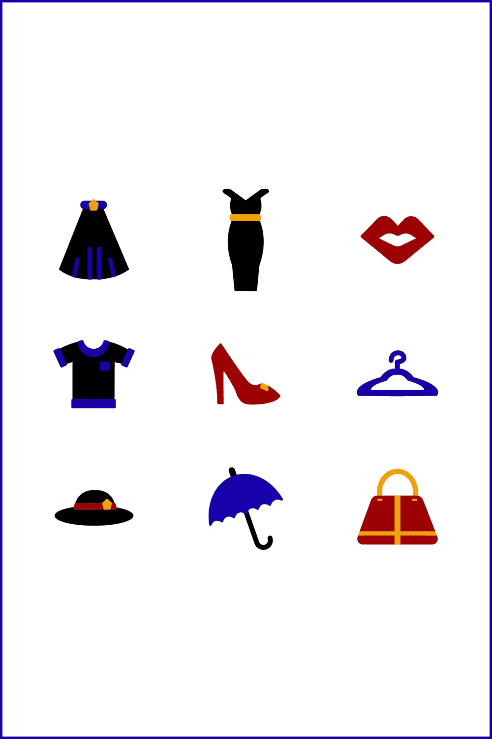 Collage of icons of dresses, shoes, hats, umbrellas, handbags, hangers.