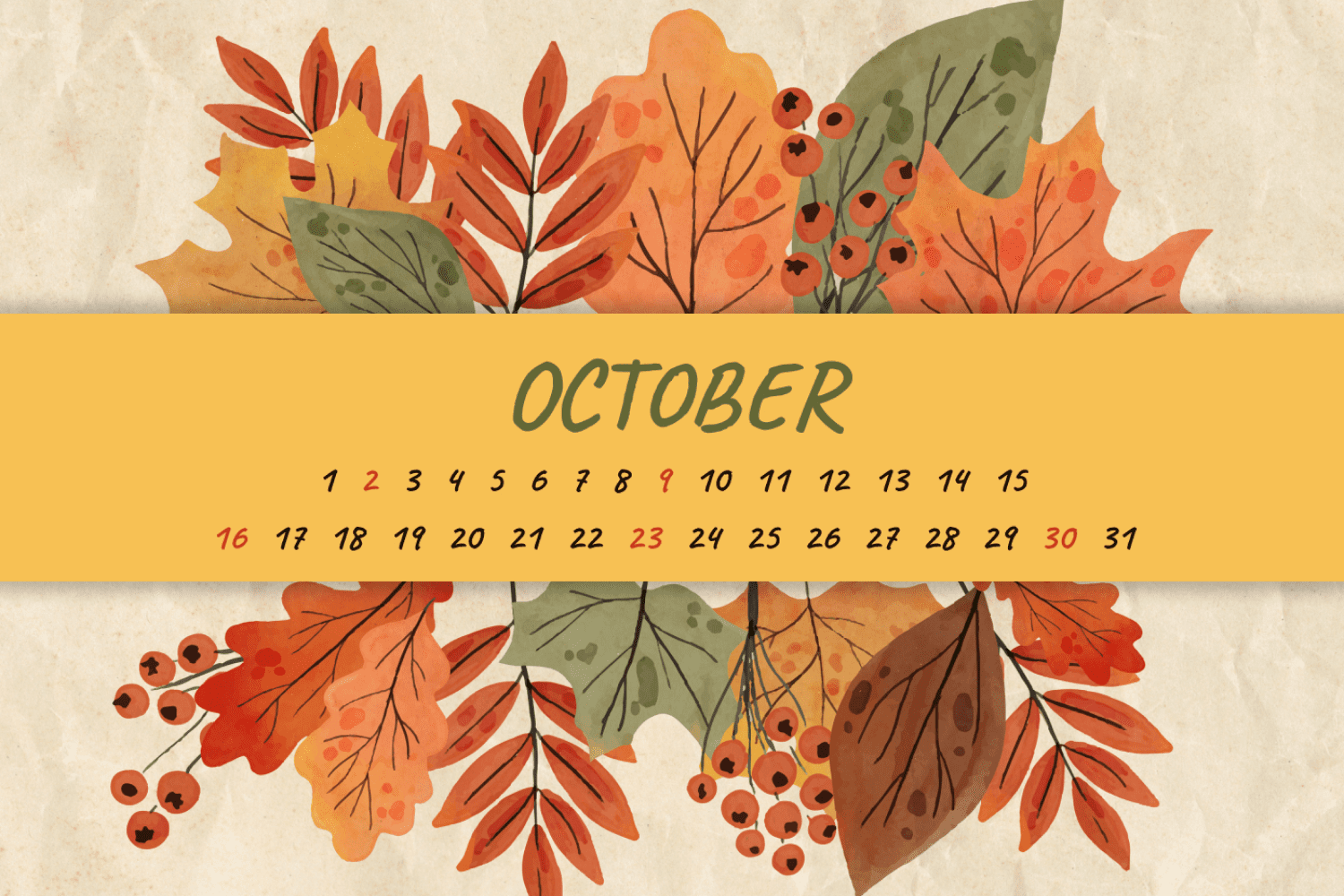 Calendar for October with a yellow background and painted leaves and rowan berries.