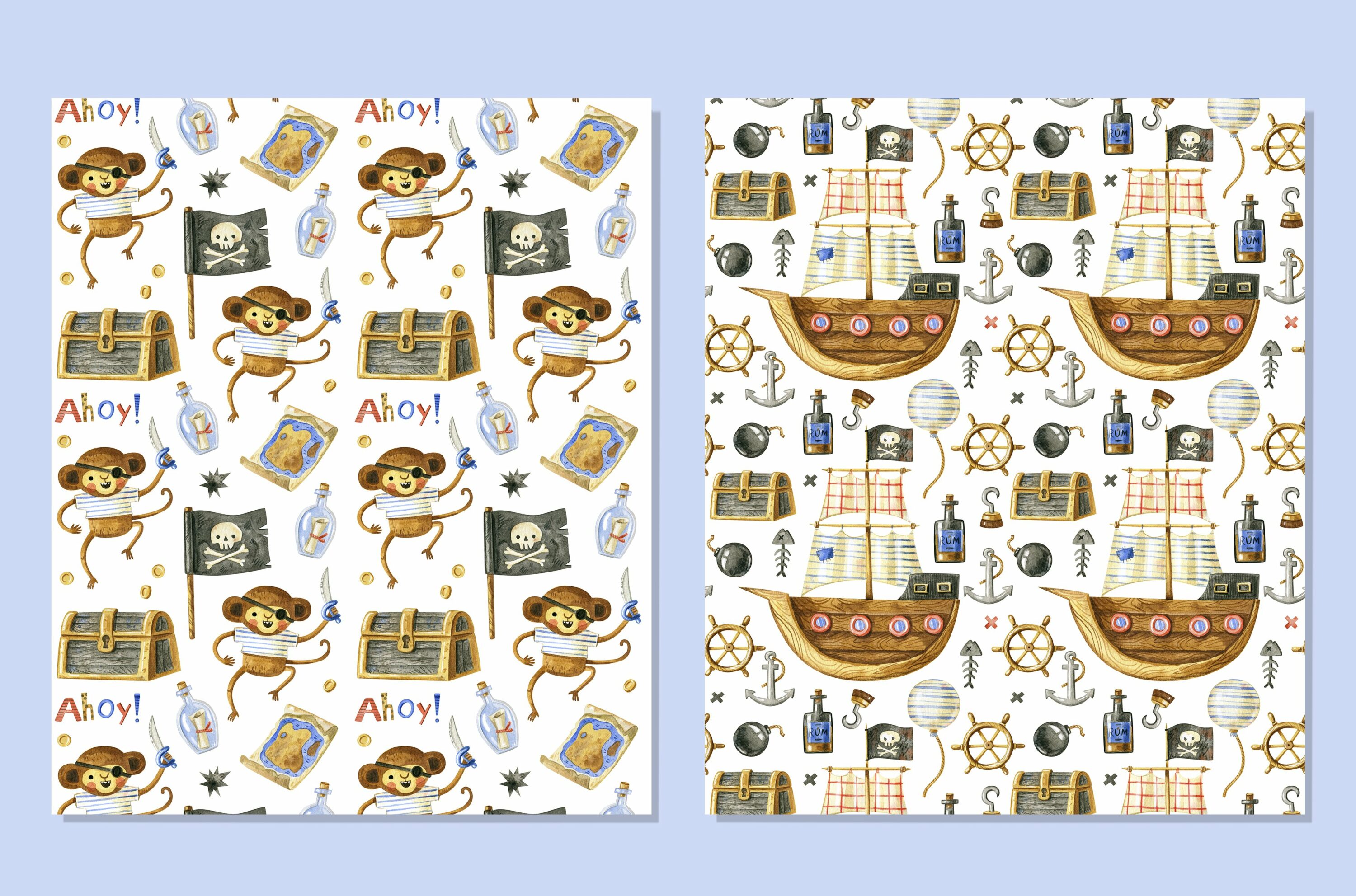 Classic sea prints in a light brown color with ships. pirates, fish and gold.