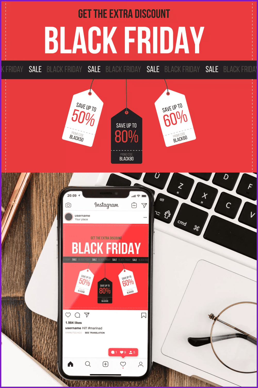 Poster with white text, red background, white and black price tags for Black Friday.