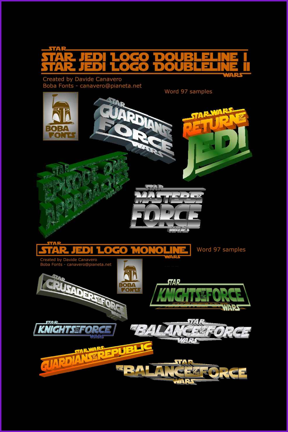 Collage of logos with text with Star Wars font on black background.