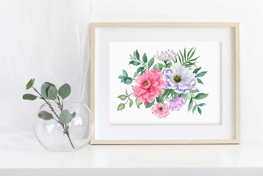 Watercolor set of floral bouquets, frames, wreaths. Pink-purple flowers ...