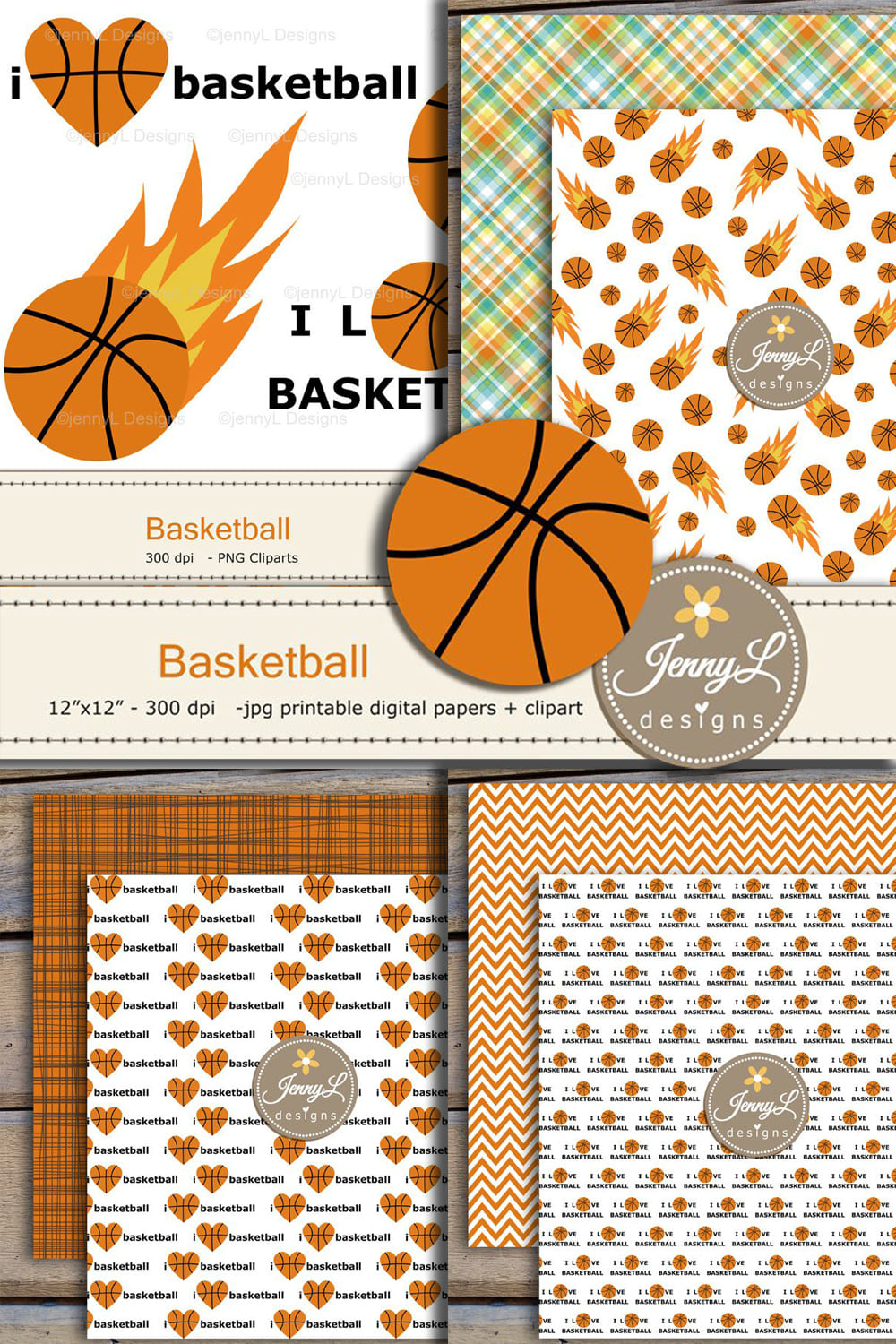 Basketball Digital Papers and Clipart - pinterest image preview.