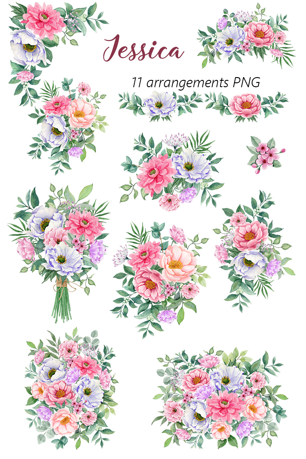 Watercolor Set of Floral Bouquets, Frames, Wreaths pinterest image.
