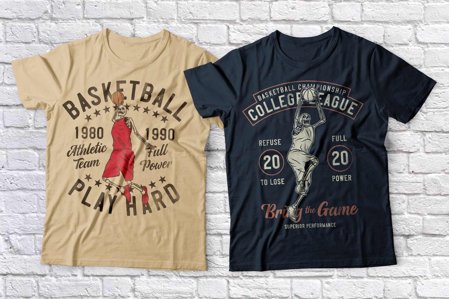 Two t-shirts in different colors with an vintage illustration.