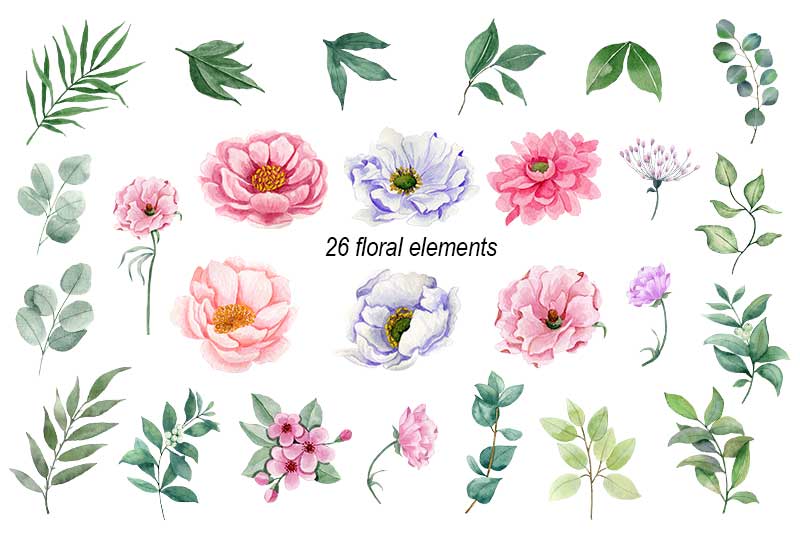 Watercolor Set of Floral Bouquets, Frames, Wreaths flowers elements.