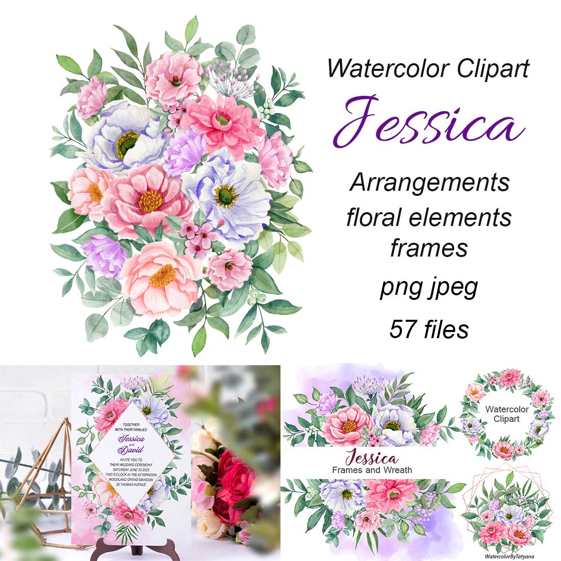 Watercolor set of floral bouquets, frames, wreaths. Pink-purple flowers ...