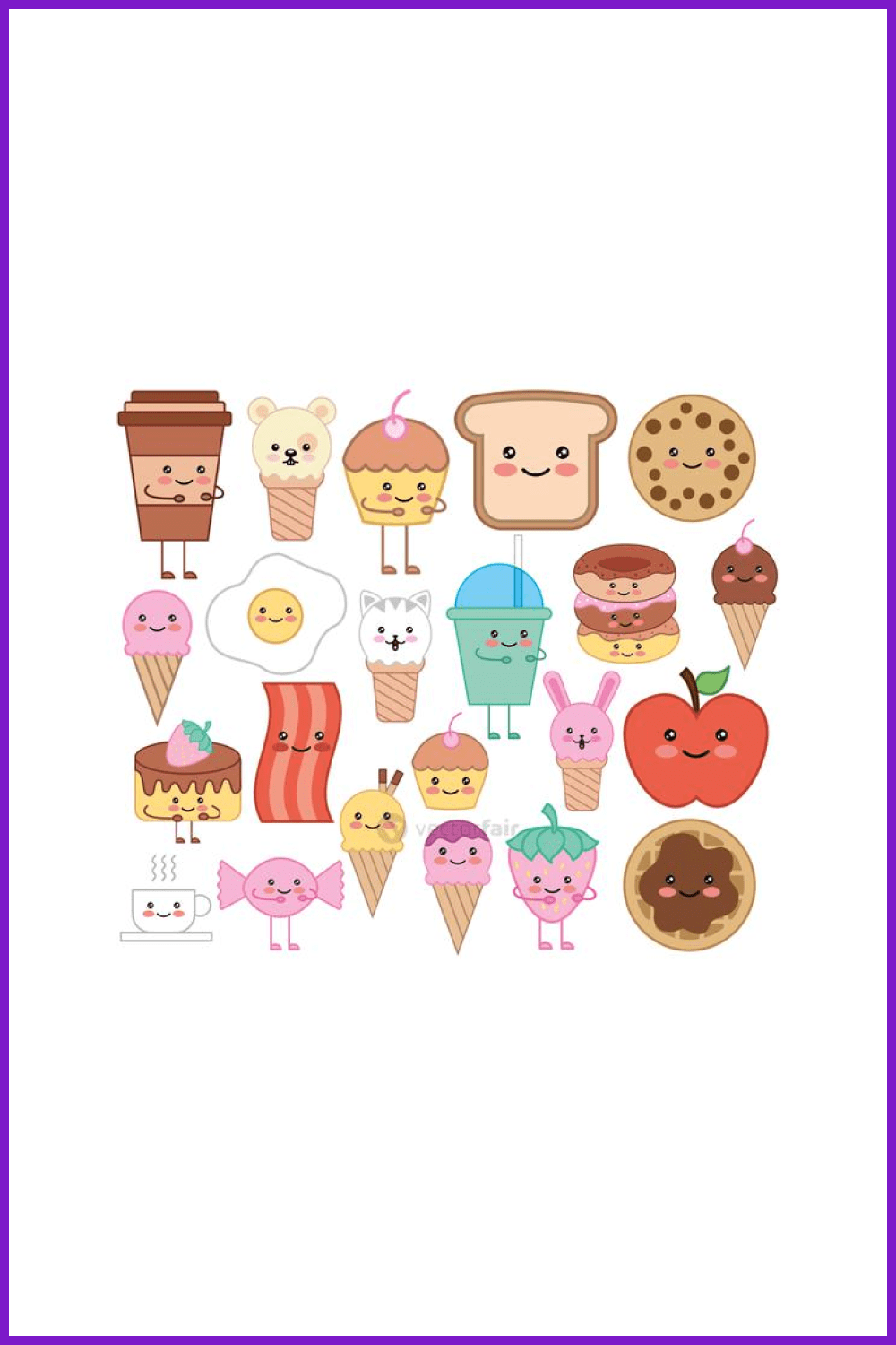 Collage with emojis food kawaii characters.