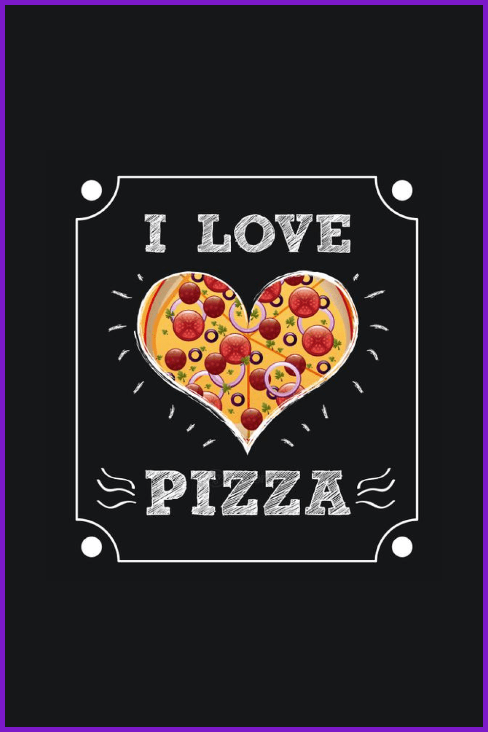 Pizza drawing in the form of a heart on a black background.