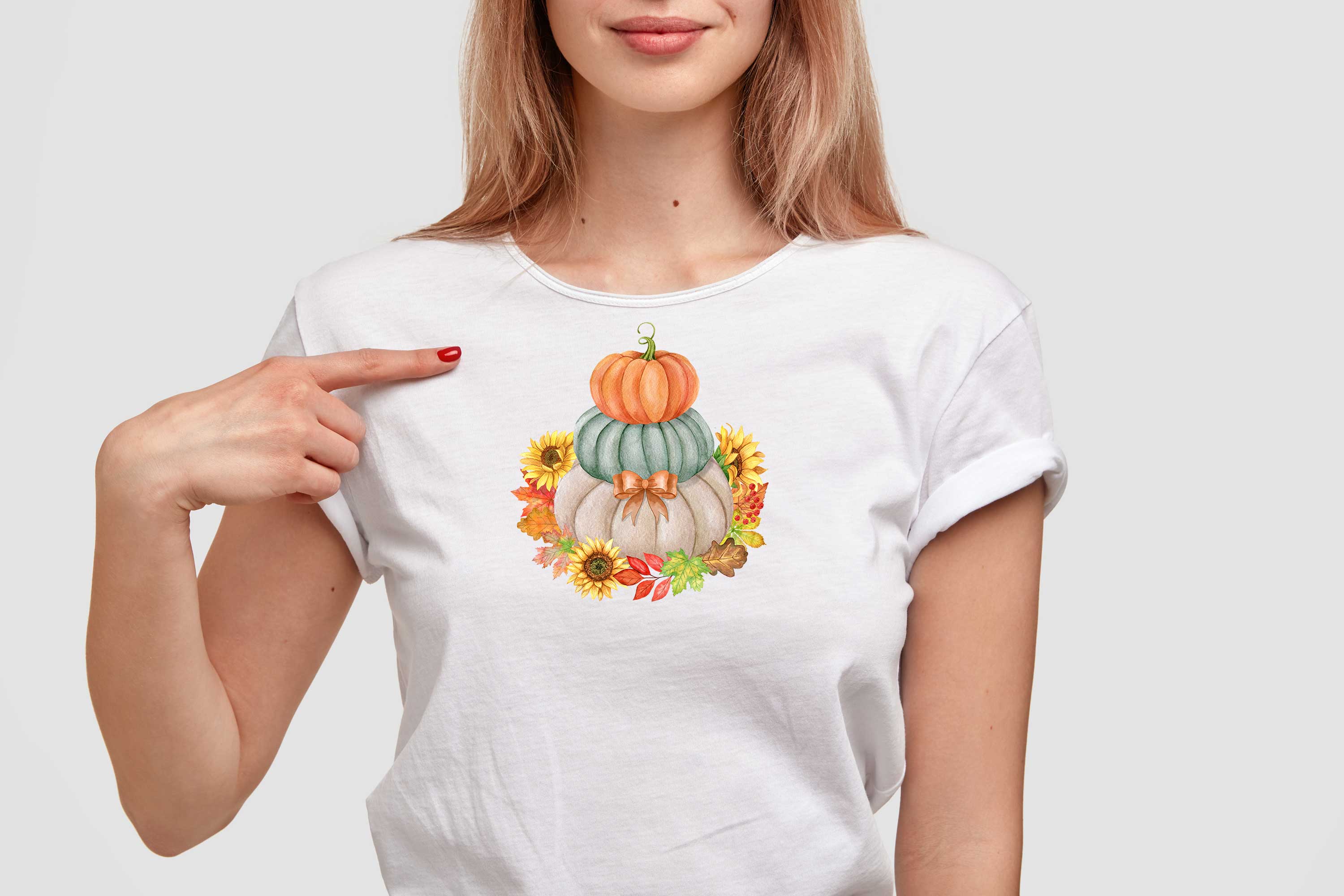 Watercolor Autumn Collection with Pumpkins, Leaves and Flowers t-shirt mockup.