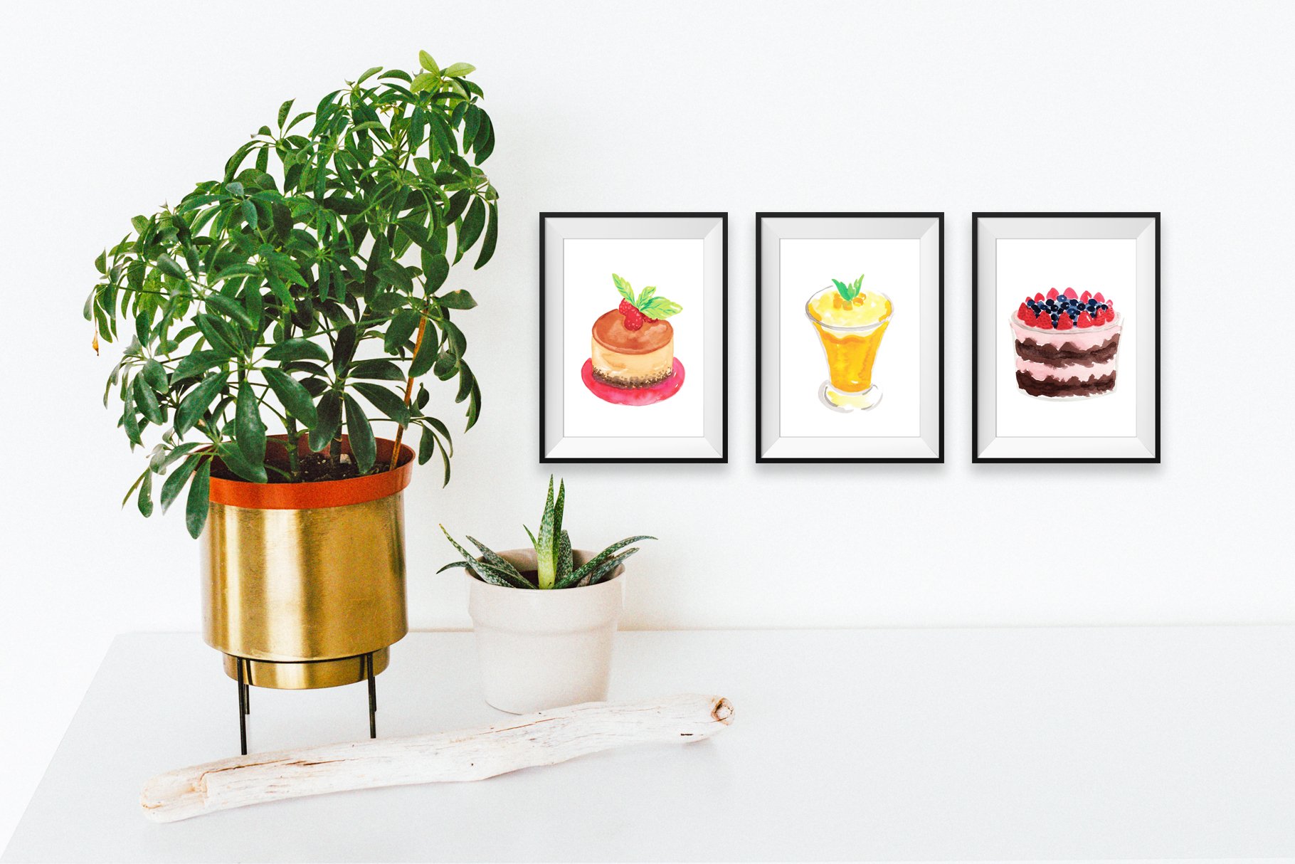 Three posters in a minimalistic style with desserts.