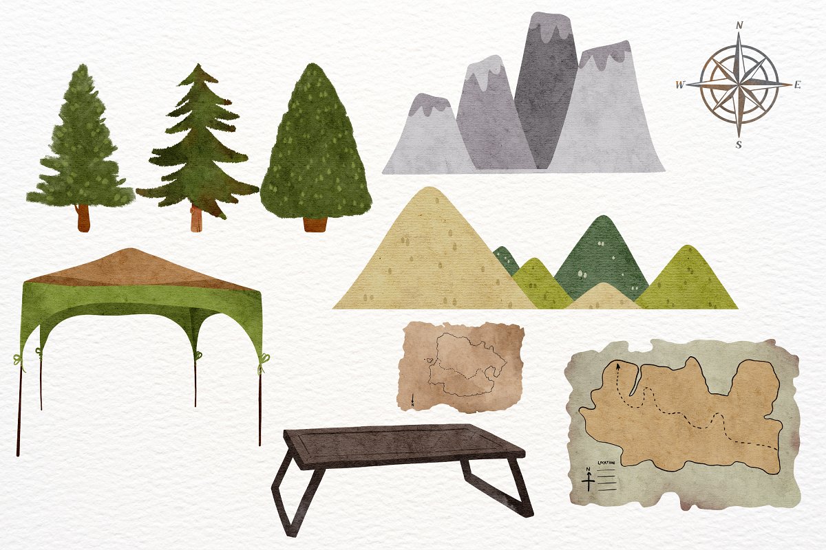 Watercolor mountains, trees, compass, maps.