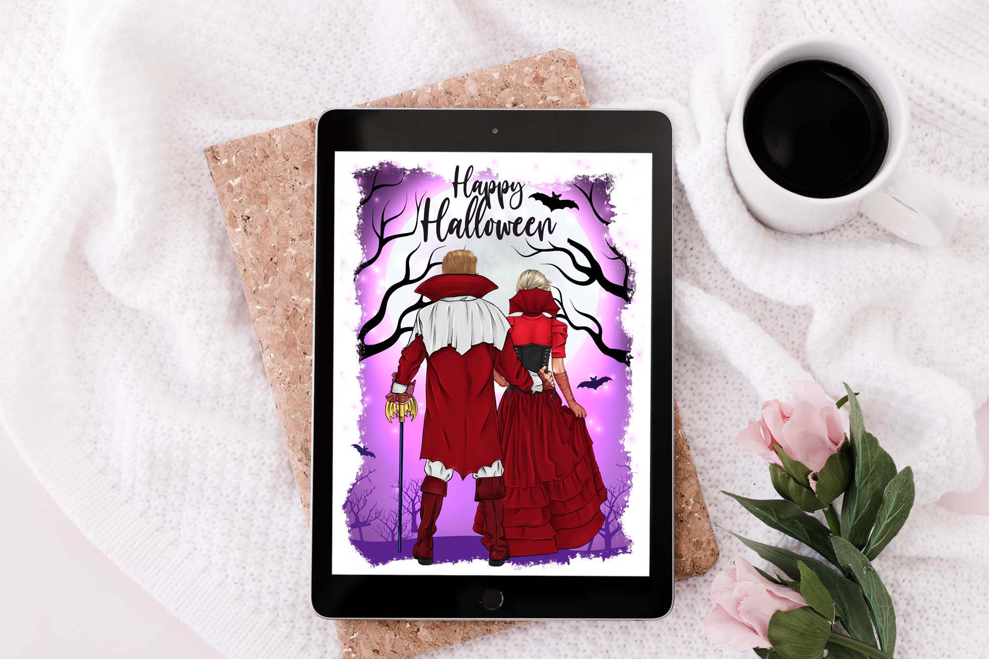Halloween Couple Clipart tablet mockup.