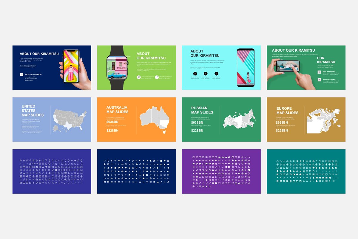 There are a lot of slides with mockups, icons and maps elements.