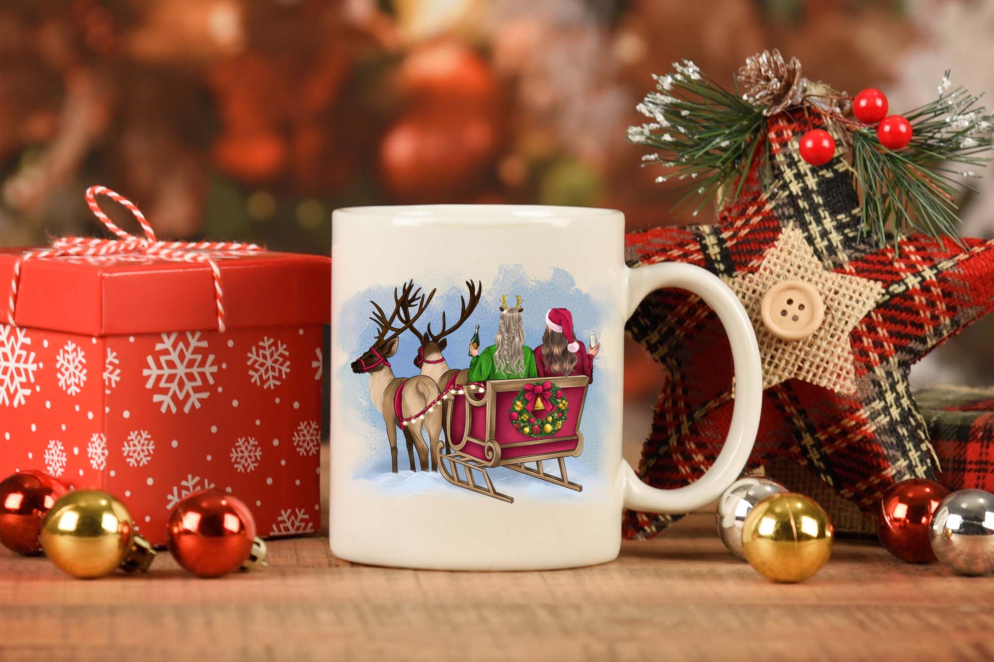 Friends in a Sleigh with Reindeer for mug design.