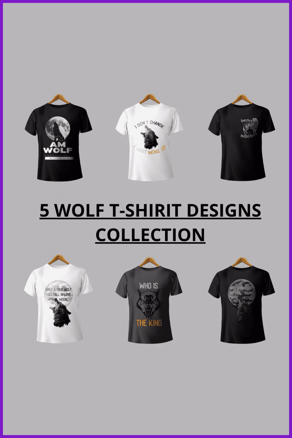 6 T-shirts in white, gray and black with wolf designs.