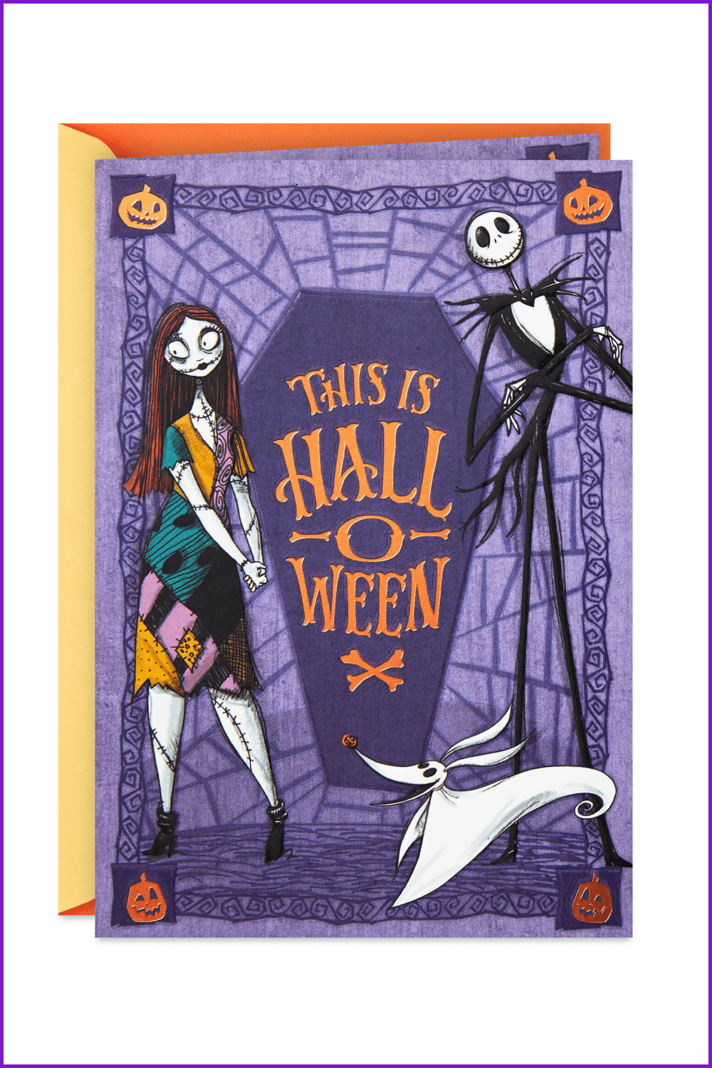 Purple postcard with a dead girl and a skeleton in a tailcoat.