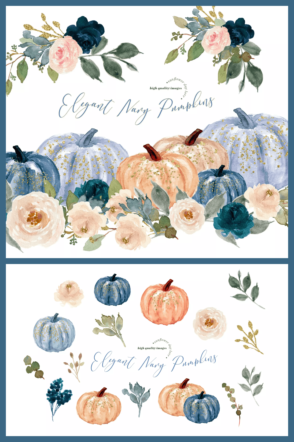 Collage with beige and blue pumpkins with twigs and flowers.