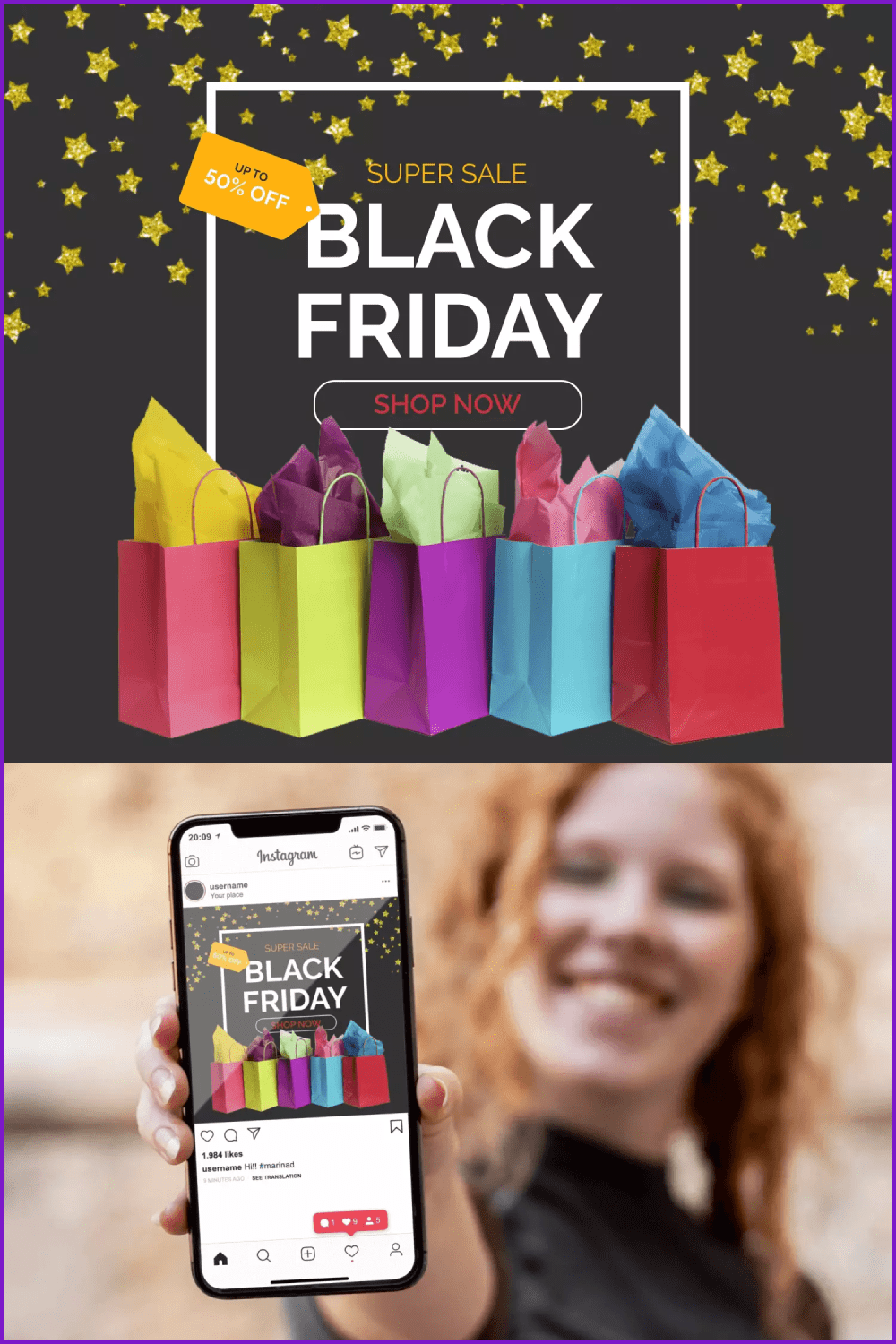 Poster with white text, gray background and colored shopping bags for Black Friday.