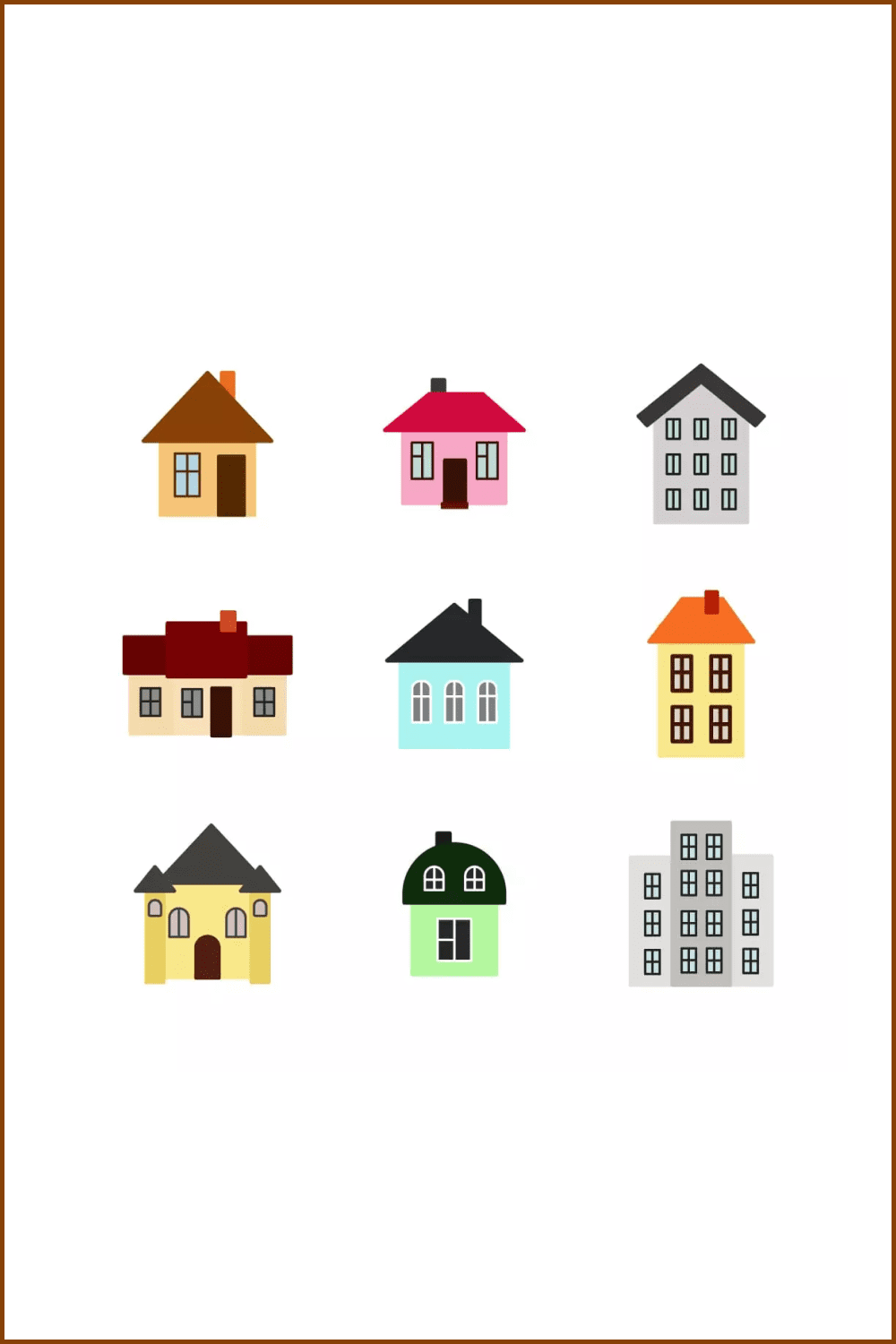 Collage of icons of houses, high-rise buildings of different colors and sizes.