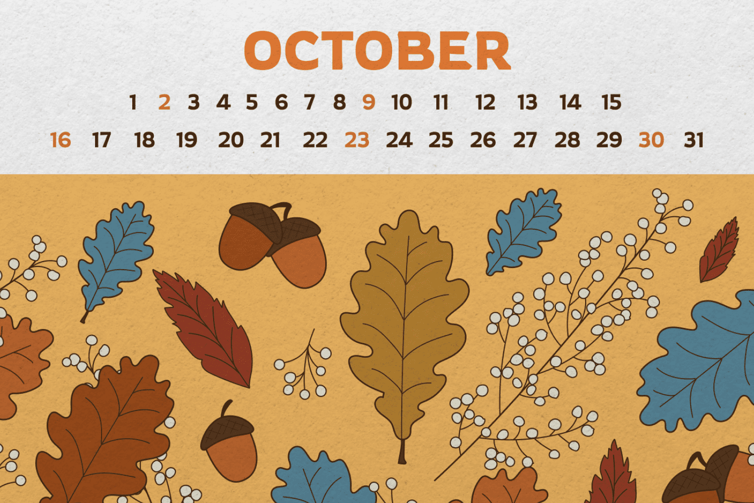 October calendar with drawn leaves, acorns, twigs.