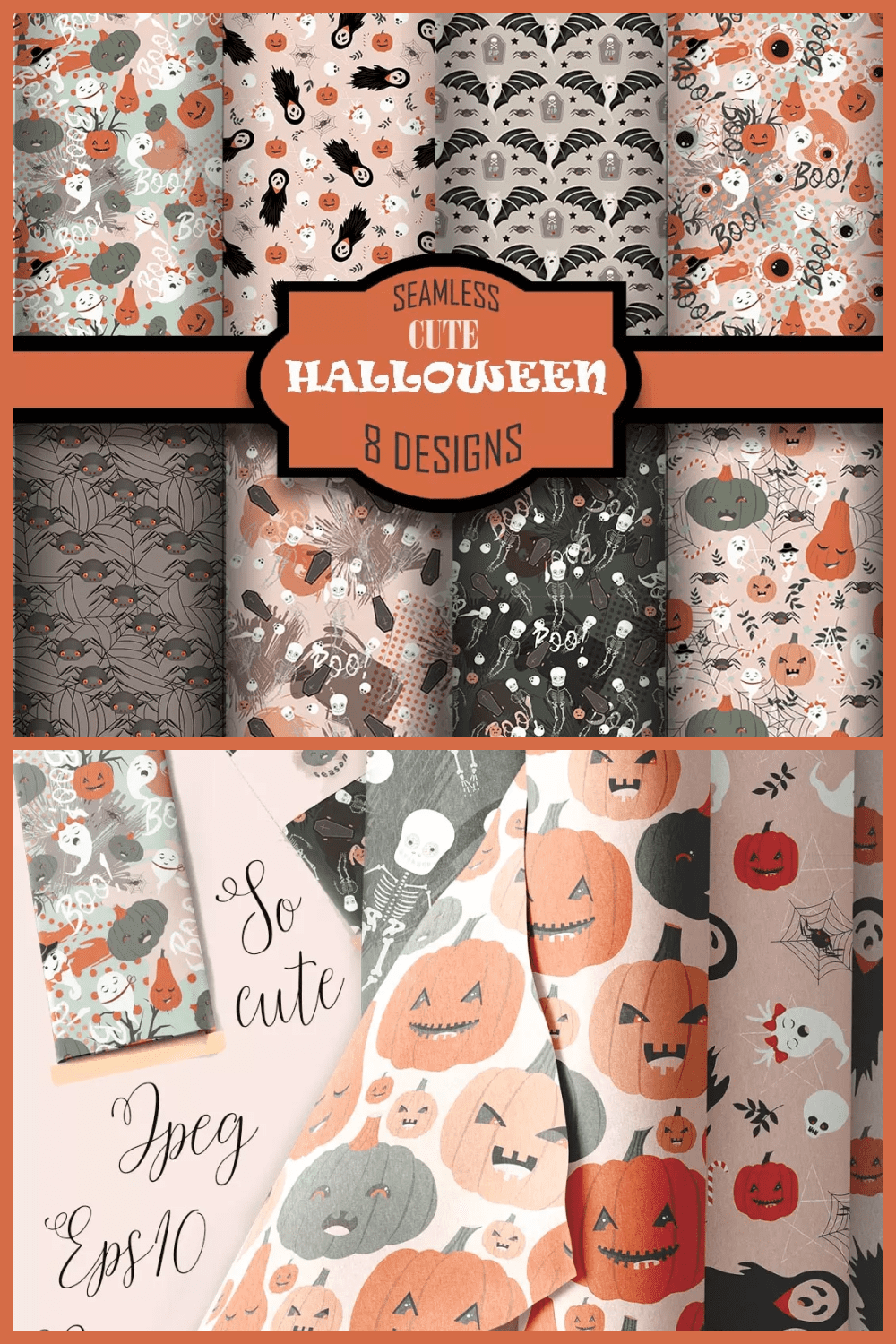 Collage of rolls of wrapping paper with Halloween symbols in pastel colors.