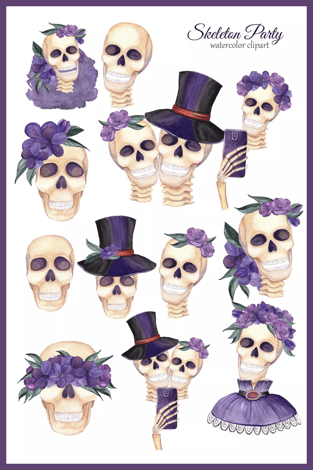 Painted skulls with smiles with flowers and a hat on their heads.