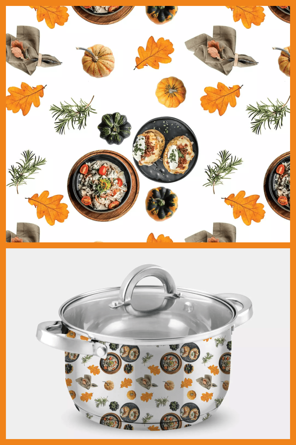 White saucepan with leaves, plates of food, pumpkins and twigs.
