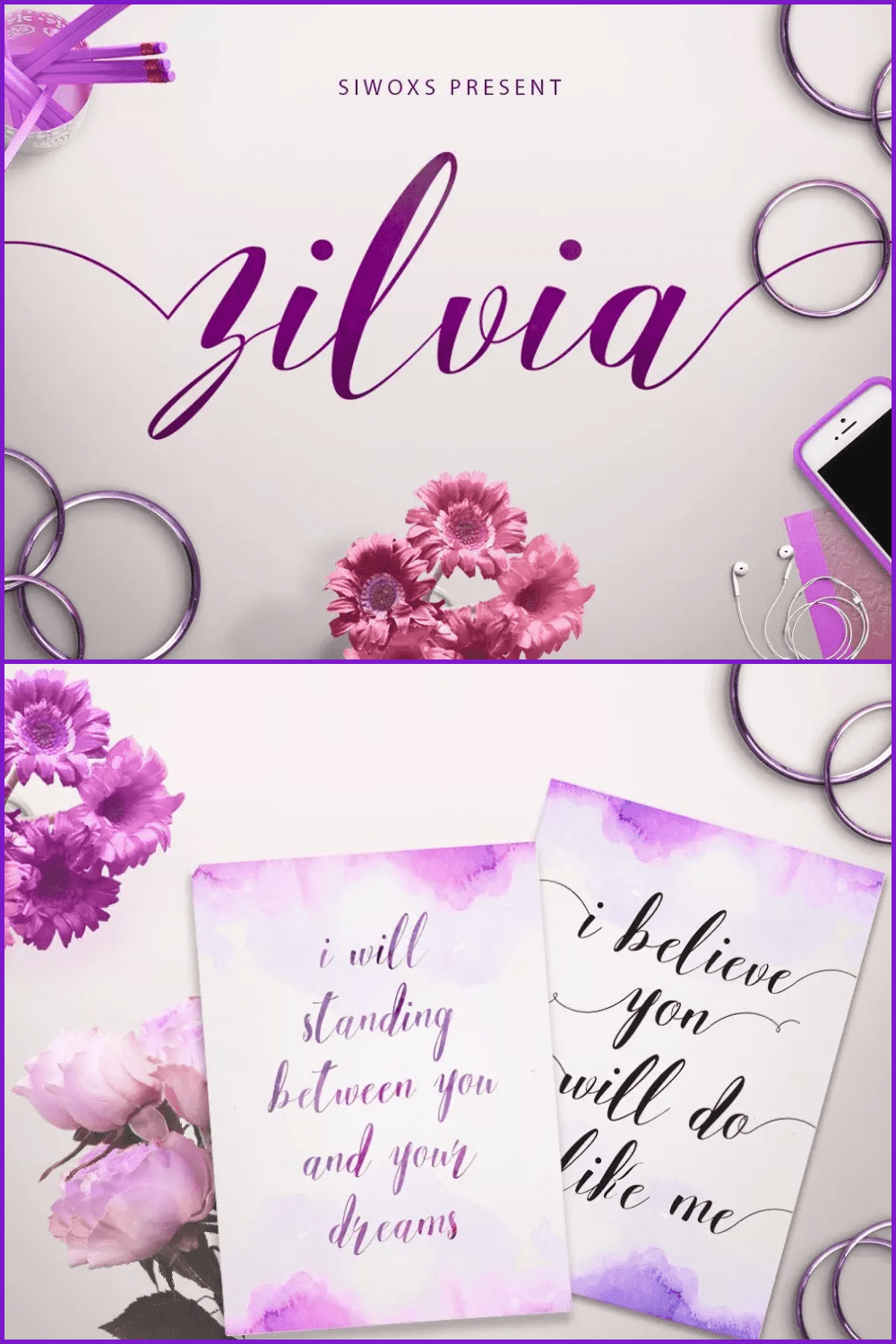 Words in purple on delicate pink cards.