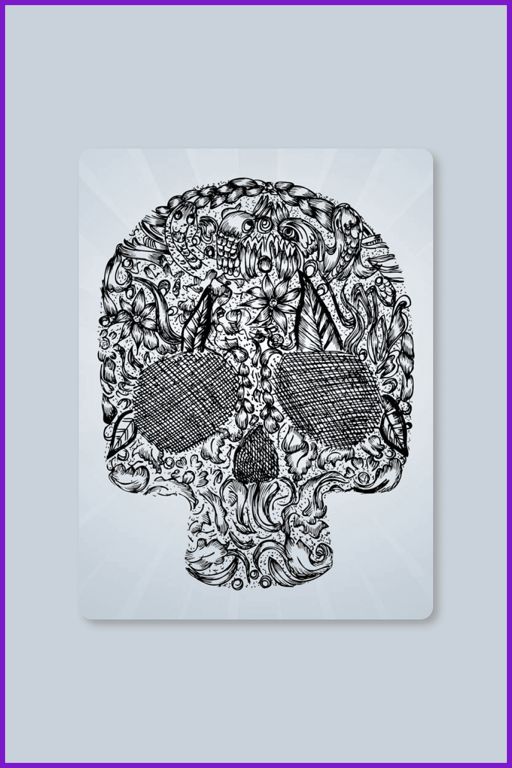 A dead face made out of doodles – flowers, plants, leaves, abstract lines, characters, animals, and circles.
