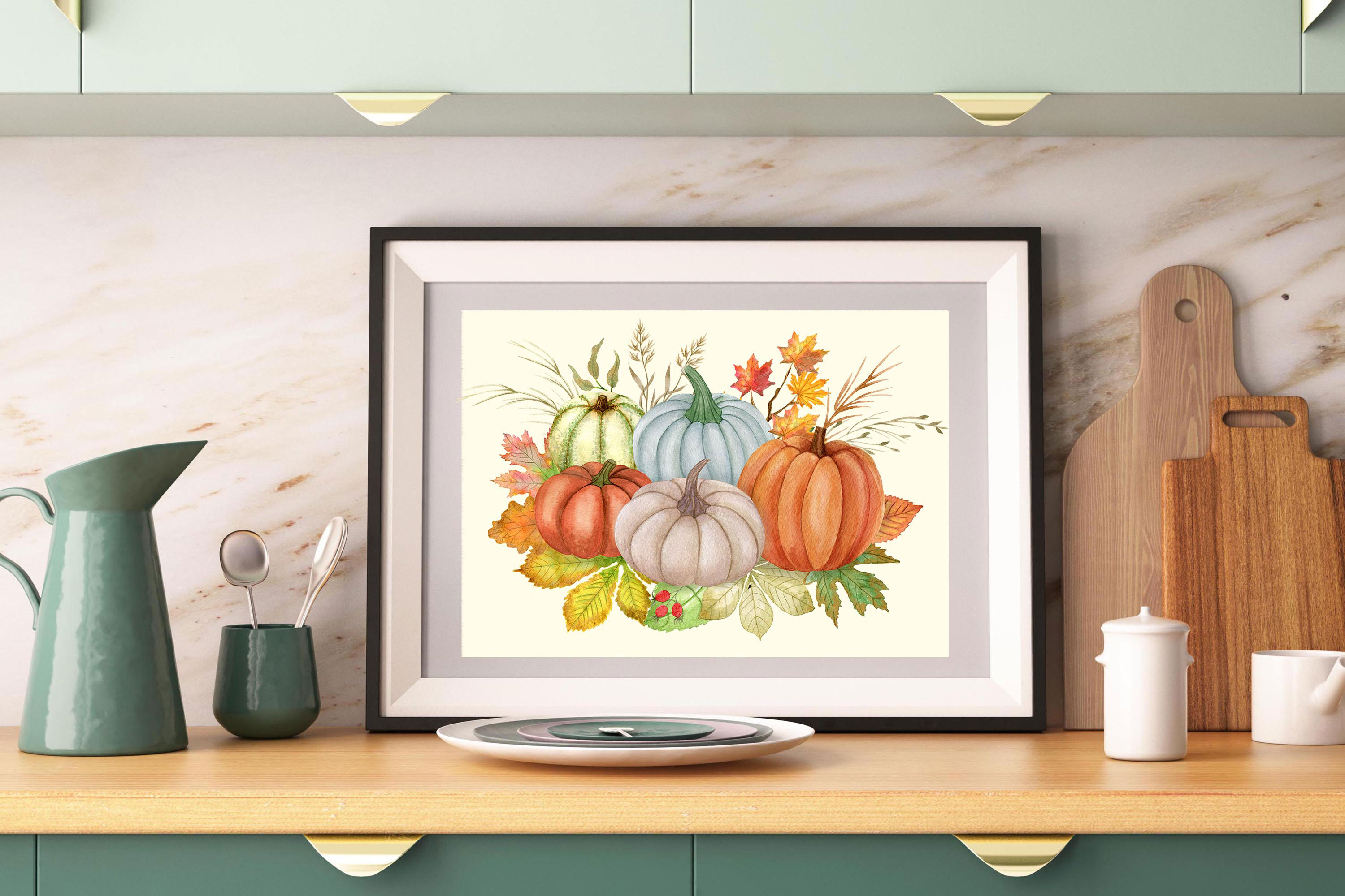 Watercolor Autumn Collection with Pumpkins, Leaves and Flowers for print.