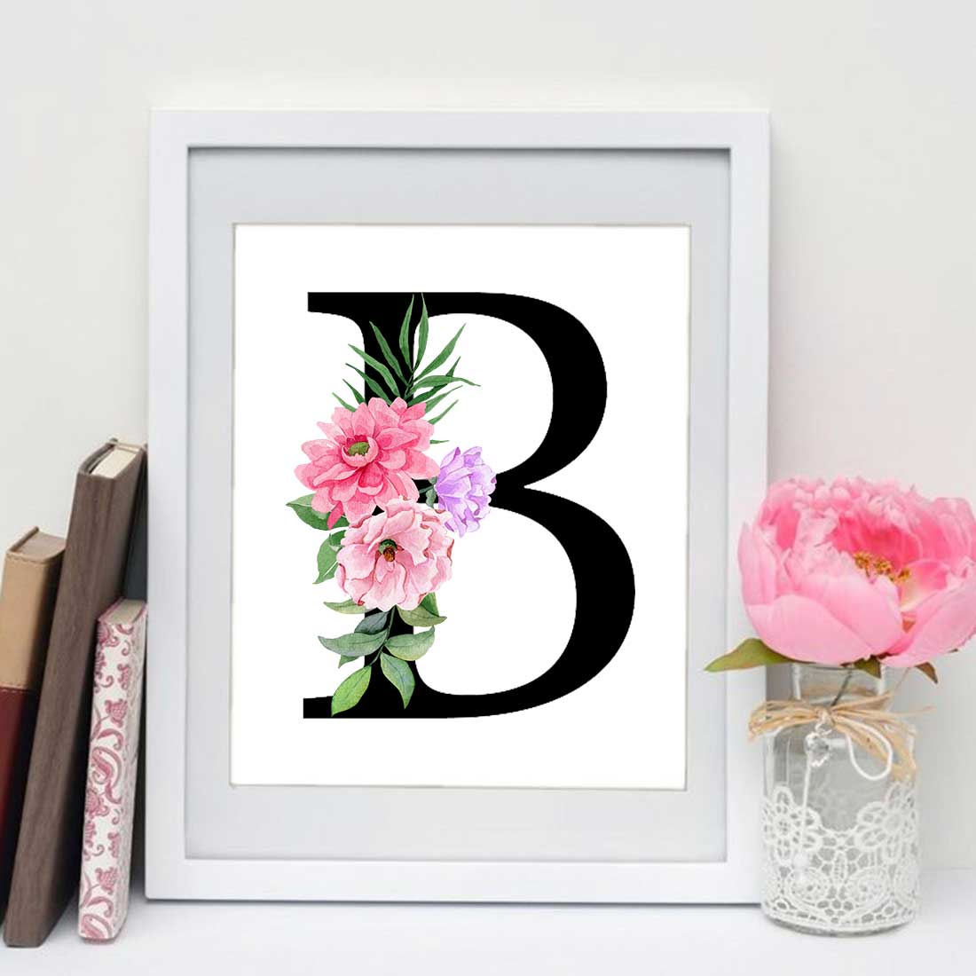Alphabet with Watercolor Flowers, Letters, Monogram, Numbers, letter b design.