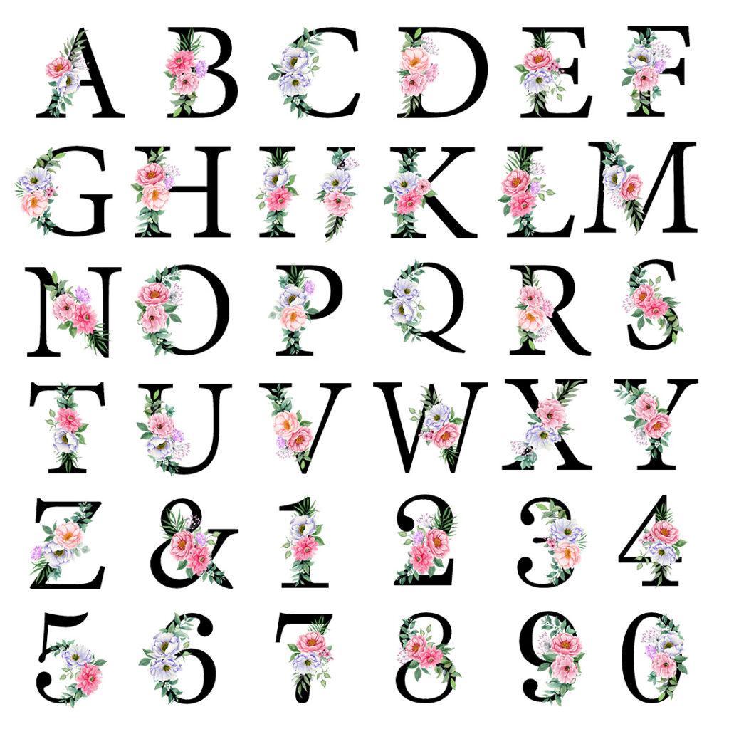 Alphabet with watercolor flowers, letters, monogram, numbers ...