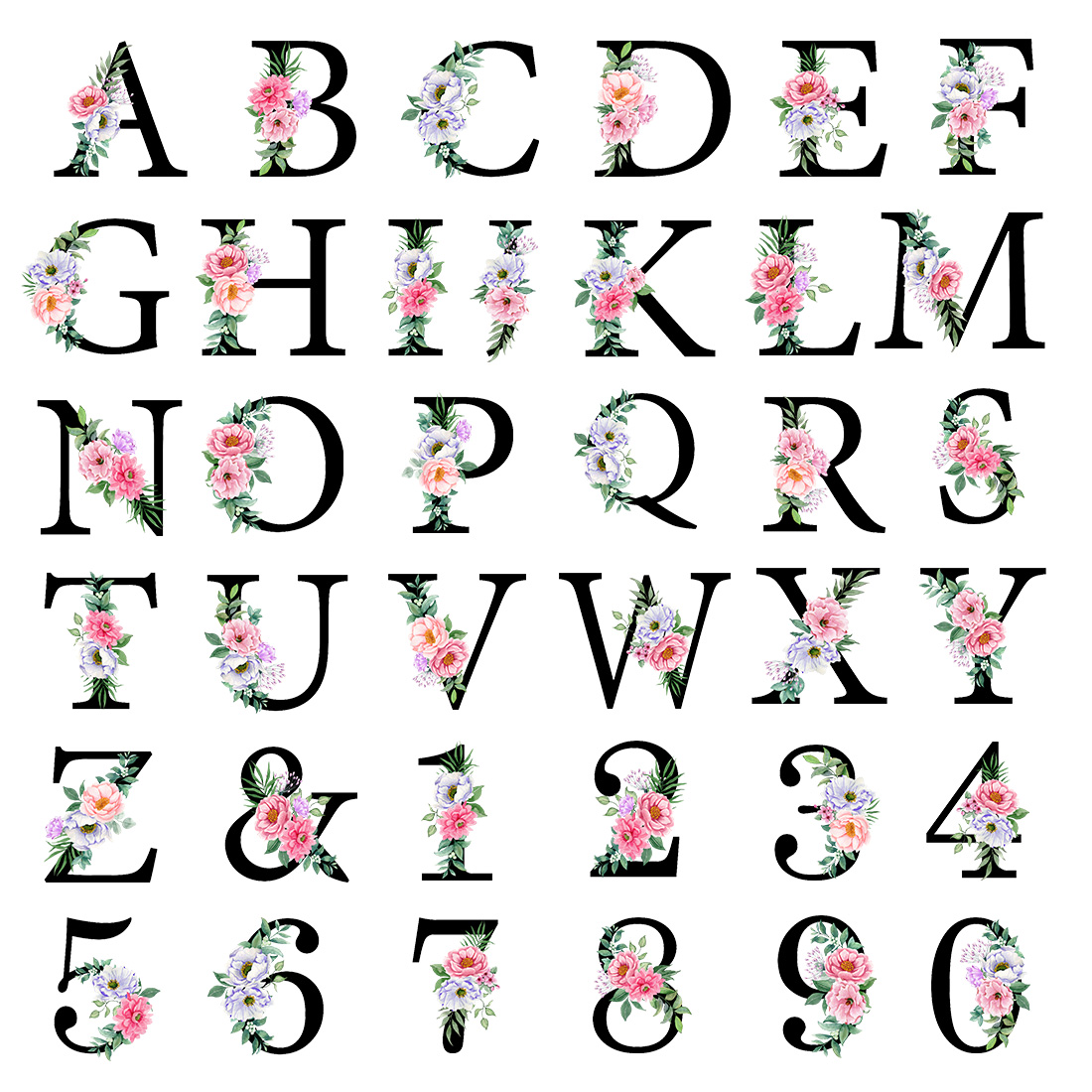 Alphabet with Watercolor Flowers, Letters, Monogram, Numbers, letters and numbers.