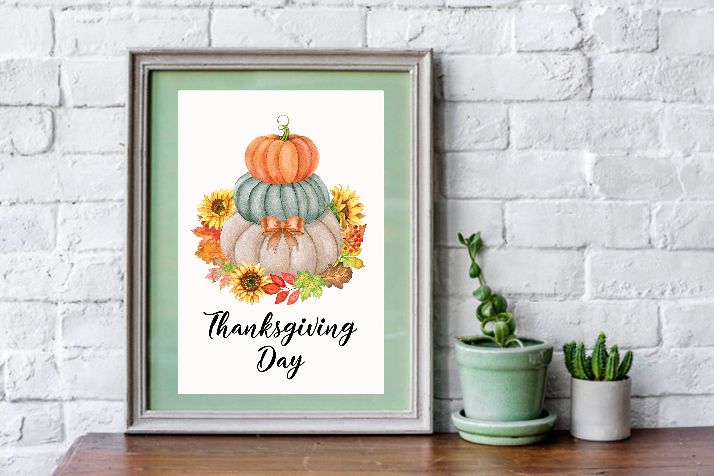 Watercolor Autumn Collection with Pumpkins, Leaves and Flowers for home design.