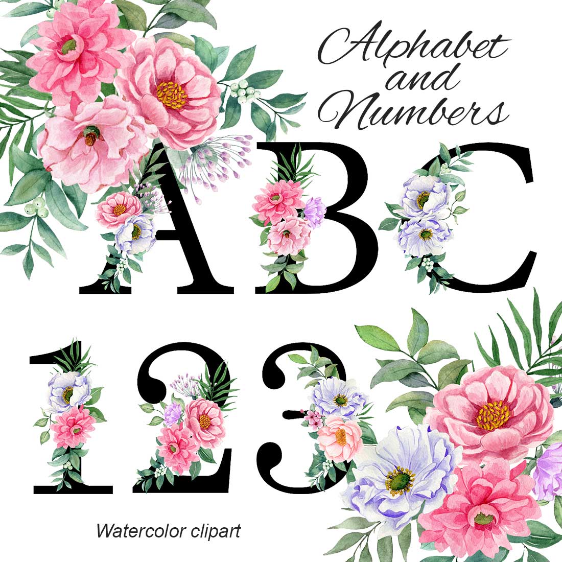Alphabet with Watercolor Flowers, Letters, Monogram, Numbers cover image.