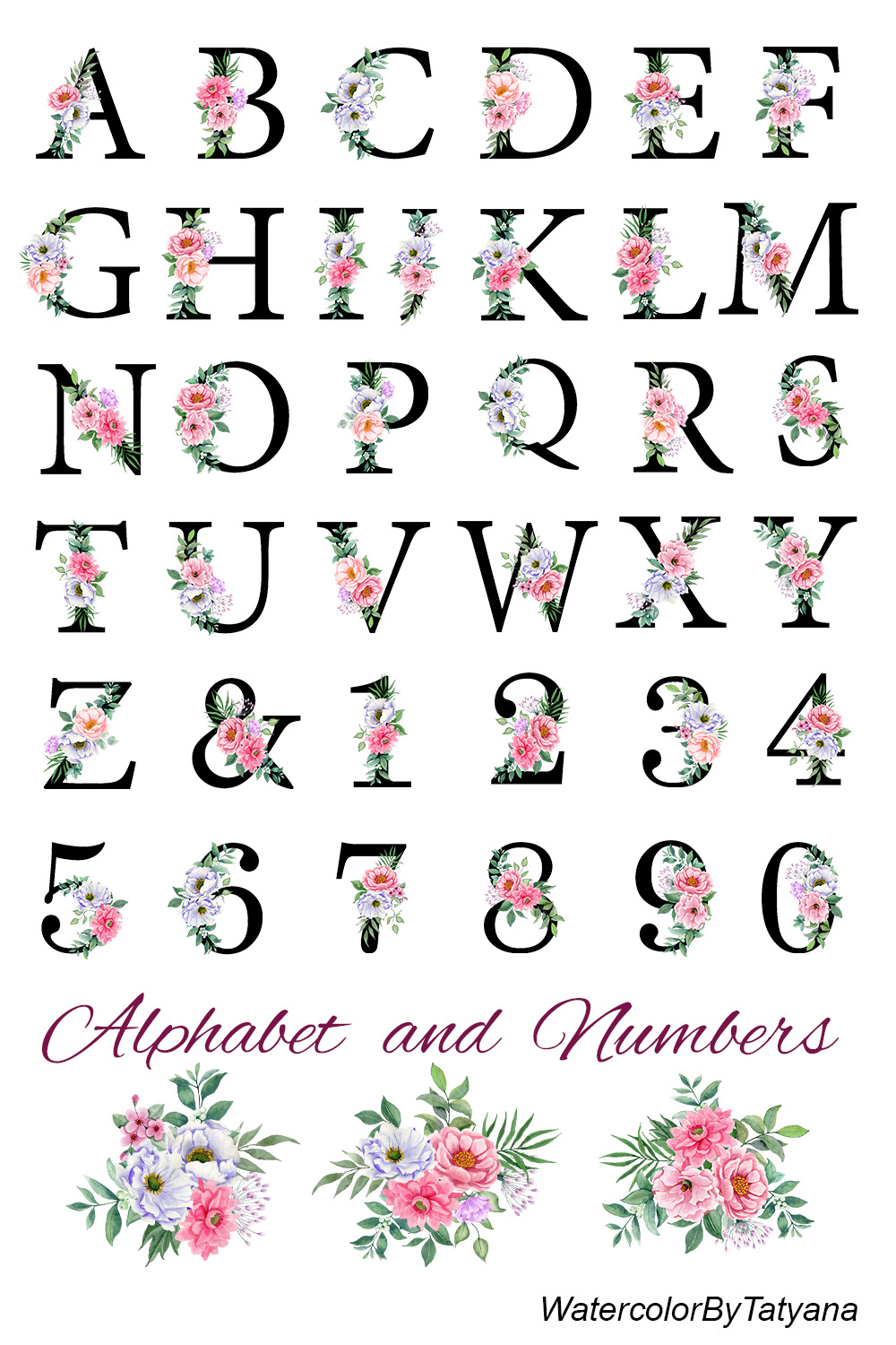 Alphabet with Watercolor Flowers, Letters, Monogram, Numbers facebook image.