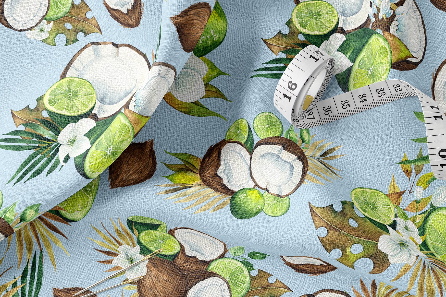 Light blue fabric with realistic coconuts.