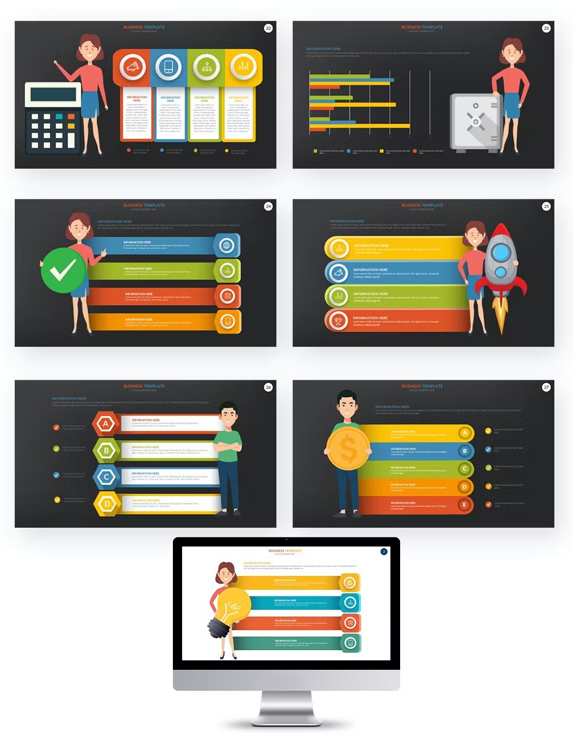 Black background with so colorful infographics.