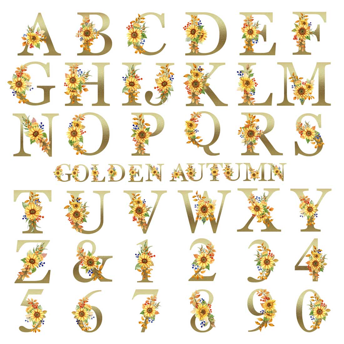 Floral and Golden Alphabet and Numbers.