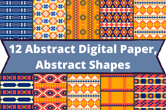 The white lettering "12 Abstract Digital Paper, Abstract Shapes" on a blue background and 10 different abstract images.